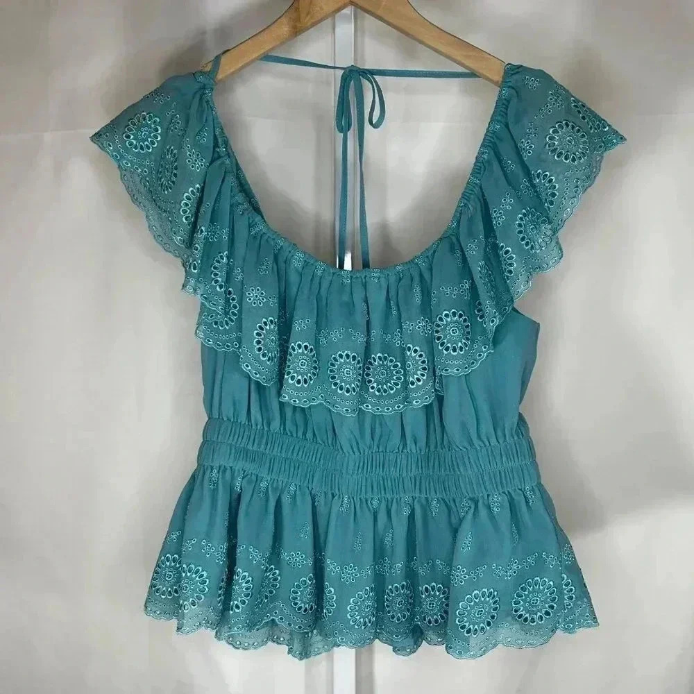 2/$30 Lovers + Friends Size Medium Off Shoulder Top Blouse Eyelet Ruffles Green